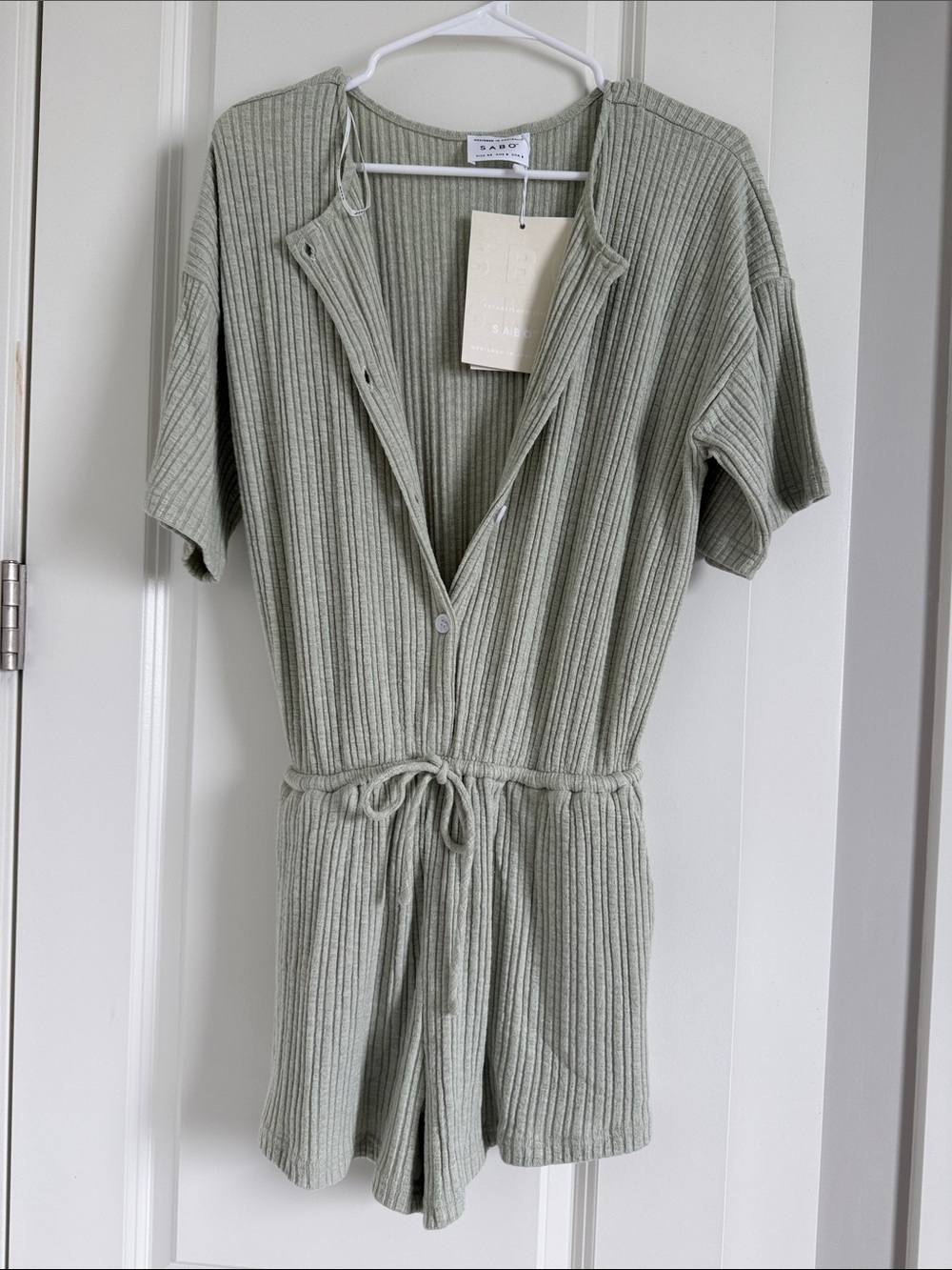 Sabo Skirt Sage Green Ribbed Short Sleeve Drawstring Romper